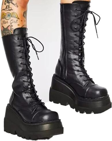 Womens Platform Mid Calf Combat Boots Wedges Chunky Booties Punk Combat Boots For Women Goth Motorcycle Booties in Saudi Arabia