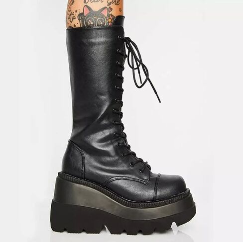 Womens Platform Mid Calf Combat Boots Wedges Chunky Booties Punk Combat Boots For Women Goth Motorcycle Booties in Saudi Arabia