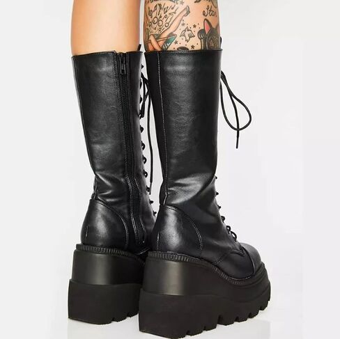 Womens Platform Mid Calf Combat Boots Wedges Chunky Booties Punk Combat Boots For Women Goth Motorcycle Booties in Saudi Arabia