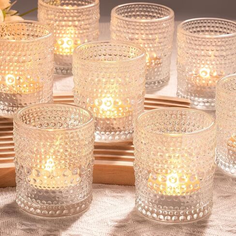 Votive Candle Holders Set of 12, Clear Glass Candle Holder in Bulk with Dots Pattern, Small Vintage Tea Light Holders Crystal Candle Holder Set for Wedding Decor, Birthday Party, Chirstmas in Kuwait