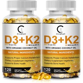 مكملات فيتامين D3 K2 مع فيتامين D3 5000 وحدة دولية ، 200 ميكروغرام فيتامين K2 MK-7 وزيت جوز الهند الطبيعي ، صيغة نباتية 2-1 للعظام ، الأسنان ، العضلات والدعم الصحي المناعي ، 120 كبسولات ناعمة in Kuwait