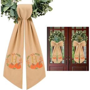 2 Pcs Fall Wreath Sash for Front Door Embroidery Monogram Pumpkin Ribbon Sash for Fall Thansgiving Yard Porch Decor (Letter M) in Kuwait