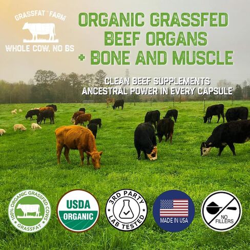 Grassfat USDA معتمد العضوية 100 ٪ من الأبقار العشبية الأبقار الأبقار المكمل + العظام البقرة والعضلات والتحمل - بقرة كاملة ، لا BS مع أي شيء إضافي - مصنوعة في الولايات المتحدة - مزيج قسط - 30 حصص in Saudi Arabia