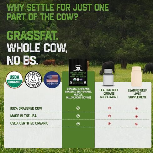 Grassfat USDA معتمد العضوية 100 ٪ من الأبقار العشبية الأبقار الأبقار المكمل + العظام البقرة والعضلات والتحمل - بقرة كاملة ، لا BS مع أي شيء إضافي - مصنوعة في الولايات المتحدة - مزيج قسط - 30 حصص in Saudi Arabia