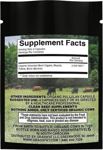 Grassfat USDA معتمد العضوية 100 ٪ من الأبقار العشبية الأبقار الأبقار المكمل + العظام البقرة والعضلات والتحمل - بقرة كاملة ، لا BS مع أي شيء إضافي - مصنوعة في الولايات المتحدة - مزيج قسط - 30 حصص in Saudi Arabia