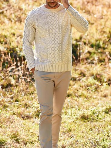 Runcati Mens Long Sleeve Cable Knit Pullover Sweater Fisherman Twist Patterned Crewneck Sweater in Saudi Arabia