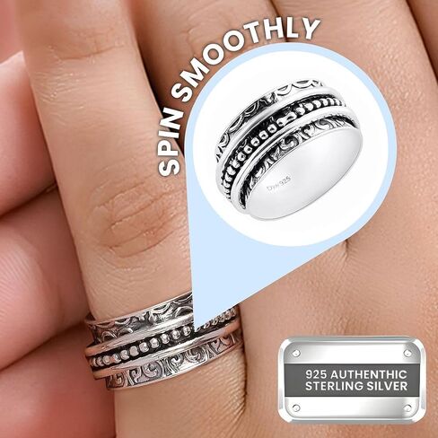 Fidget Ring Women - Anxiety Rings for Women Sterling Silver Floral Fashion Spinner Boho Jewelry - Oxidized Thumb Band Worry Stress Relief Christmas Birthday Gifts for Womens in Saudi Arabia
