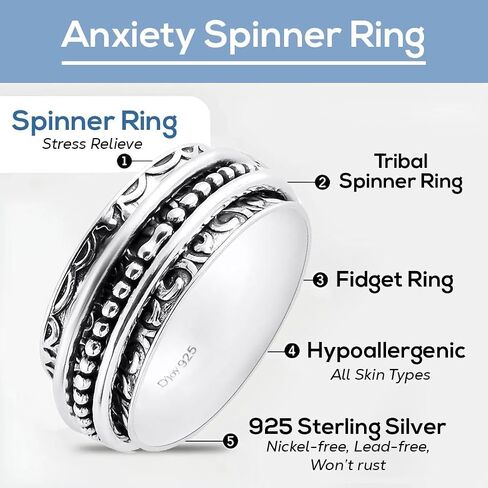 Fidget Ring Women - Anxiety Rings for Women Sterling Silver Floral Fashion Spinner Boho Jewelry - Oxidized Thumb Band Worry Stress Relief Christmas Birthday Gifts for Womens in Saudi Arabia