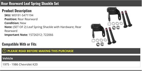 Rear Rearward Leaf Spring Shackle Set of 2 - Compatible with 1975-1986 Chevy K20 in Saudi Arabia