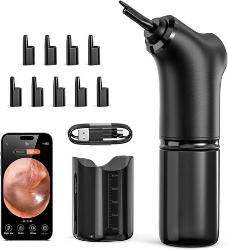 Electric Ear Cleaner with 1080P HD Camera & 4 Modes – Ear Irrigation System, Wireless Otoscope, Safe & Effective Ear Wax Removal, 200ml Water Bottle, for Adults & Kids, Includes 9 Tips, Basin, and Towel in Saudi Arabia