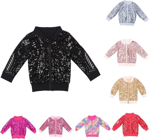 Girls Sequin Jacket 2025 Lightweight Casual Long Sleeve Front Zipper Glitter Solid Coats Halloween Christmas Clothes in Saudi Arabia