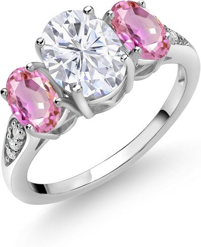 10K White Gold White Moissanite and Gemstone Birthstone 3-Stone Engagement Ring for Women with Lab Grown Diamond Accents | Oval 8X6MM & 6X4MM | Three Stone Wedding Anniversary Promise Ring | Sizes 5-9 in Saudi Arabia