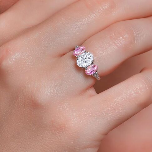 10K White Gold White Moissanite and Gemstone Birthstone 3-Stone Engagement Ring for Women with Lab Grown Diamond Accents | Oval 8X6MM & 6X4MM | Three Stone Wedding Anniversary Promise Ring | Sizes 5-9 in Saudi Arabia