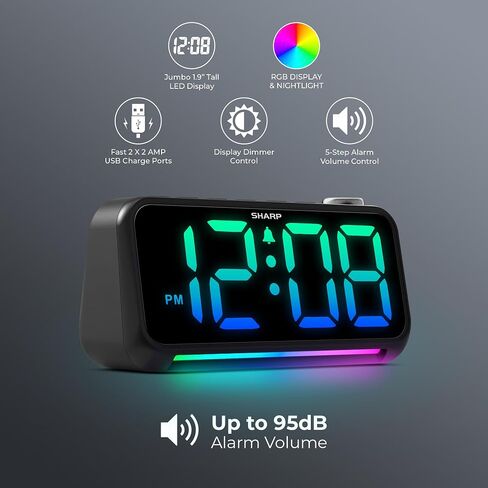 Sharp LED Digital Clock for Bedroom, Super Loud Alarm Clock for Heavy Sleepers for Bedside, Nightstand, Desk Clock with RGB Night Light/Display with Adjustable Color/Volume/Brightness/Snooze in Saudi Arabia