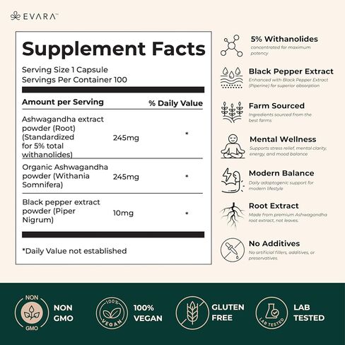 EVARA Ashwagandha Capsules with Black Pepper – 100 Count | High Potency 500mg Root Extract with 5% Withanolides | Natural Stress & Anxiety Relief, Sleep Support & Mood Balance in Saudi Arabia