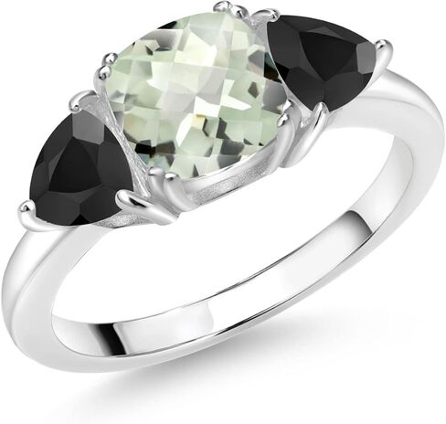 925 Sterling Silver Gemstone Birthstone و Black Onyx خاتم الخطوبة 3-Stone للنساء | وسادة 7mm و 5 مم تريليون لهجاة | ثلاثة حجر الوعد خاتم الزفاف | الأحجام 5-9 in Saudi Arabia
