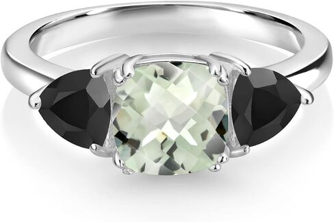 925 Sterling Silver Gemstone Birthstone و Black Onyx خاتم الخطوبة 3-Stone للنساء | وسادة 7mm و 5 مم تريليون لهجاة | ثلاثة حجر الوعد خاتم الزفاف | الأحجام 5-9 in Saudi Arabia