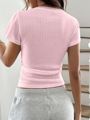 النساء y2k الأكمام قصيرة الأكمام لأعلى الدانتيل المرقور المحصول tshirt tops slim fit scoop neck henley summer girl tee in Kuwait