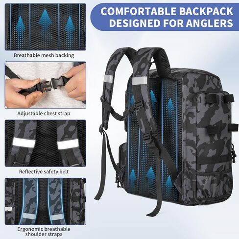 Fishing Tackle Backpack With Rod Holders, Bottle Holder, Storage Bag, 40L Large Water-Resistant Fishing Backpack Storage for Fishing Gear in Kuwait