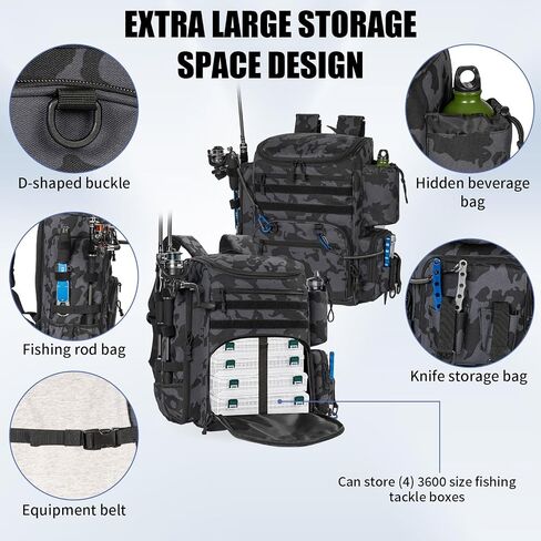 Fishing Tackle Backpack With Rod Holders, Bottle Holder, Storage Bag, 40L Large Water-Resistant Fishing Backpack Storage for Fishing Gear in Kuwait