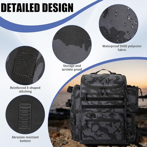 Fishing Tackle Backpack With Rod Holders, Bottle Holder, Storage Bag, 40L Large Water-Resistant Fishing Backpack Storage for Fishing Gear in Kuwait