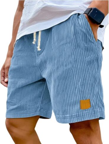 Corduroy Shorts Men Lightweight Summer Elastic Waist Bermuda Shorts Knee Length Casual Beach Short with Pockets in Saudi Arabia