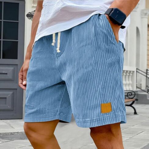 Corduroy Shorts Men Lightweight Summer Elastic Waist Bermuda Shorts Knee Length Casual Beach Short with Pockets in Saudi Arabia