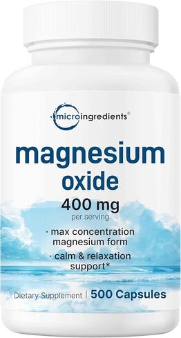 Magnesium Oxide 400mg, 500 Capsules | Elemental Form for Max Concentration | Supports Calm, Muscle & Nerve Health | Non-GMO in Saudi Arabia