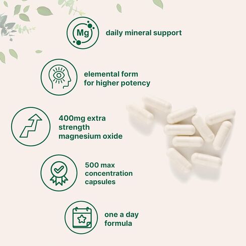 Magnesium Oxide 400mg, 500 Capsules | Elemental Form for Max Concentration | Supports Calm, Muscle & Nerve Health | Non-GMO in Saudi Arabia