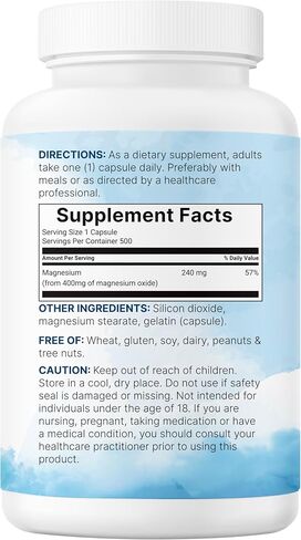 Magnesium Oxide 400mg, 500 Capsules | Elemental Form for Max Concentration | Supports Calm, Muscle & Nerve Health | Non-GMO in Saudi Arabia