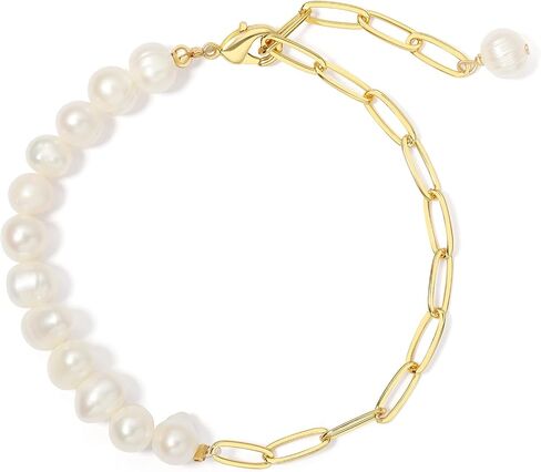 14K Gold Plated 7.3 Inch Baroque Freshwater Cultured Pearl Bracelet for Women - 7mm Pearls Paperclip Link Chain Bracelet, Unique Irregular Dainty Daily Wear Jewelry Gift For Her in Saudi Arabia