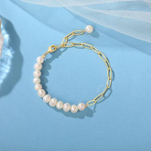 14K Gold Plated 7.3 Inch Baroque Freshwater Cultured Pearl Bracelet for Women - 7mm Pearls Paperclip Link Chain Bracelet, Unique Irregular Dainty Daily Wear Jewelry Gift For Her in Saudi Arabia