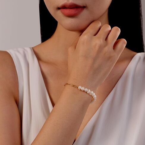 14K Gold Plated 7.3 Inch Baroque Freshwater Cultured Pearl Bracelet for Women - 7mm Pearls Paperclip Link Chain Bracelet, Unique Irregular Dainty Daily Wear Jewelry Gift For Her in Saudi Arabia