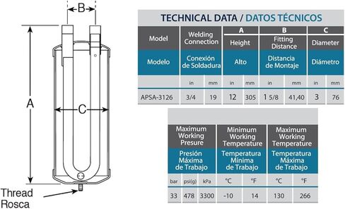 Appli Parts APSA-3126 3/4 in Suction Line Accumulator for Refrigeration systems R22,R134a,R404A,R507 Maximum pressure 478 psi Temperature between 14 F and 266 F in Kuwait