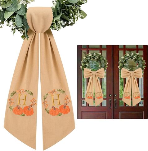 2 Pcs Fall Wreath Sash for Front Door Embroidery Monogram Pumpkin Ribbon Sash for Fall Thansgiving Yard Porch Decor (Letter M) in Kuwait
