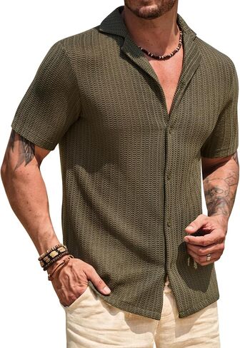 Men Summer Beach Holiday Casual Clothing Solid Color Fashion Breathable Short Sleeve Olive in Saudi Arabia