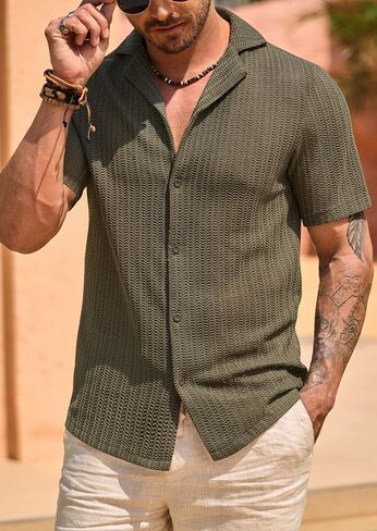 Men Summer Beach Holiday Casual Clothing Solid Color Fashion Breathable Short Sleeve Olive in Saudi Arabia