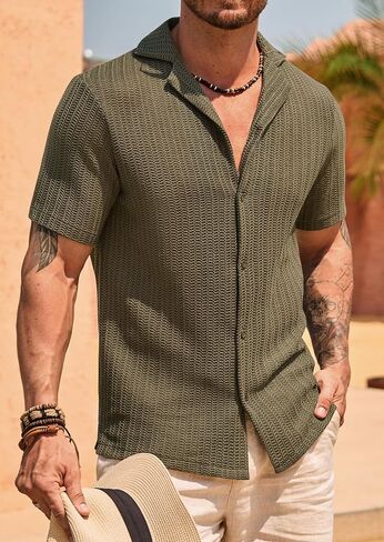 Men Summer Beach Holiday Casual Clothing Solid Color Fashion Breathable Short Sleeve Olive in Saudi Arabia