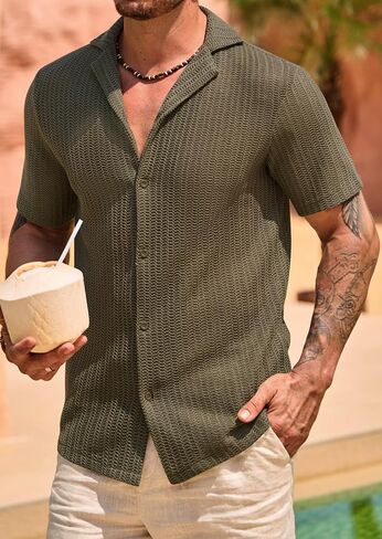 Men Summer Beach Holiday Casual Clothing Solid Color Fashion Breathable Short Sleeve Olive in Saudi Arabia