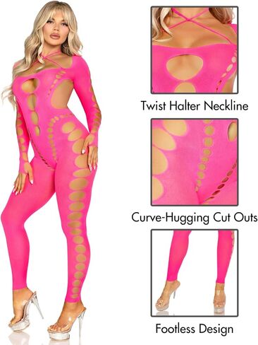 Leg Avenue womens Seamless Opaque Cut-out Footless BodystockingLingerie in Saudi Arabia
