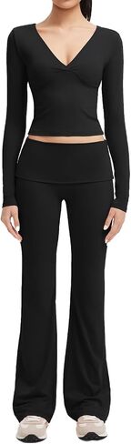 SUUKSESS Women 2 pieces Lounge Sets Long Sleeve V Neck Tops Fold Over Flare Leggings in Saudi Arabia