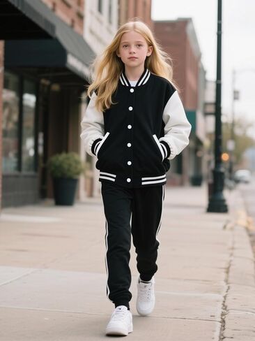 Yousie Girls Kids Stupl Jacket Freece Lightweight Button أسفل سترة بومبر مع جيوب 7-14 سنة in Kuwait