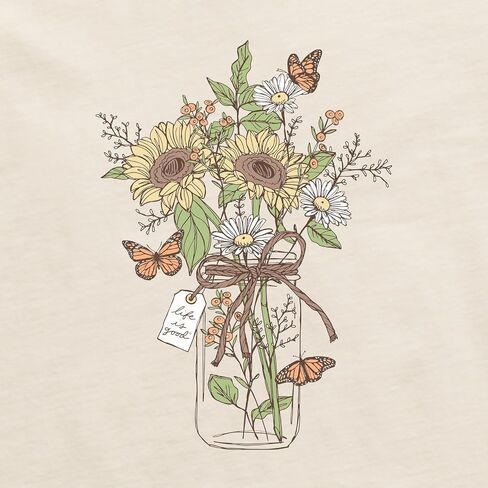 Life is Good. Women's Sunflower Monarch Jar Long Sleeve Crusher Tee, Putty White in Saudi Arabia