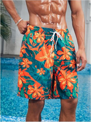 OYOANGLE Men's Swim Trunks Floral Print Drawstring Waist Summer Swimwear Beach Shorts Bathing Suit in Saudi Arabia