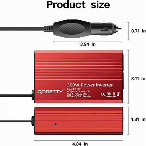 Car Power Inverter 300W, DC 12V to AC 120V Converter with Dual AC Outlets & USB Fast Charging Ports, Car Plug Adapter Outlet for Laptop, Phone,Tablet, Travel and Outdoor use in Saudi Arabia