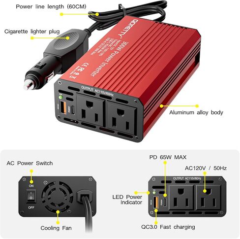 Car Power Inverter 300W, DC 12V to AC 120V Converter with Dual AC Outlets & USB Fast Charging Ports, Car Plug Adapter Outlet for Laptop, Phone,Tablet, Travel and Outdoor use in Saudi Arabia