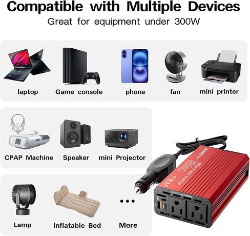 Car Power Inverter 300W, DC 12V to AC 120V Converter with Dual AC Outlets & USB Fast Charging Ports, Car Plug Adapter Outlet for Laptop, Phone,Tablet, Travel and Outdoor use in Saudi Arabia