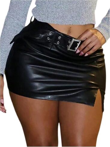WDIRARA Women's PU Leather Bodycon Mini Skirts Buckle Belted Split Hem Skirts in Saudi Arabia