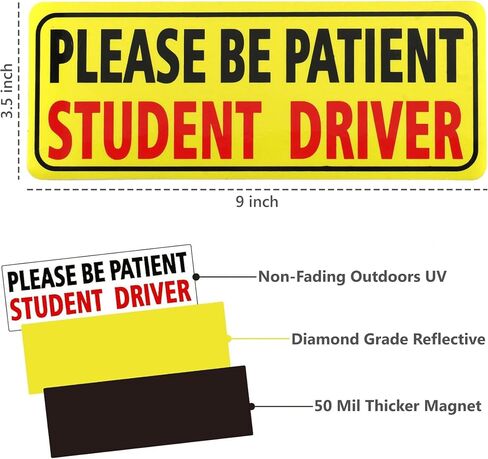 HTH Inc Student Driver Driver Magnet للسيارة - انعكاس للغاية ، يرجى التحلي بمغناط سائق الطالب للمتعلمين ، علامة سلامة مركبة المتعلم الجديدة (10 × 4 بوصة ، 2 -PCS) in Kuwait