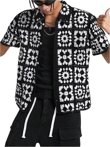 Men's Crochet Sweaters Hollow Out Button Down Collared Short Sleeve Sweater in Saudi Arabia